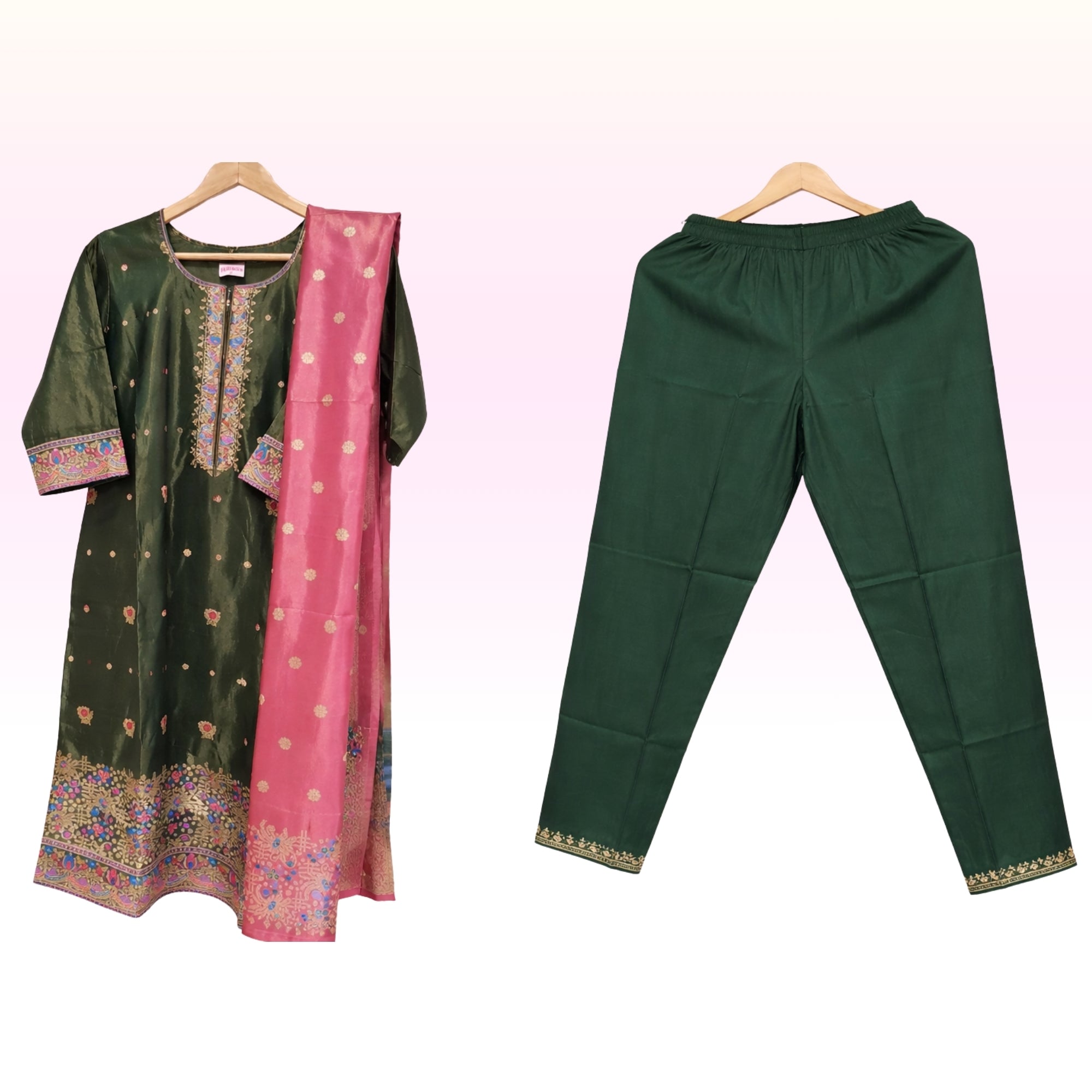 Women’s Dark Green Woven Kurta Set with Pant & Pink Banarasi Dupatta – Festive Ethnic Wear