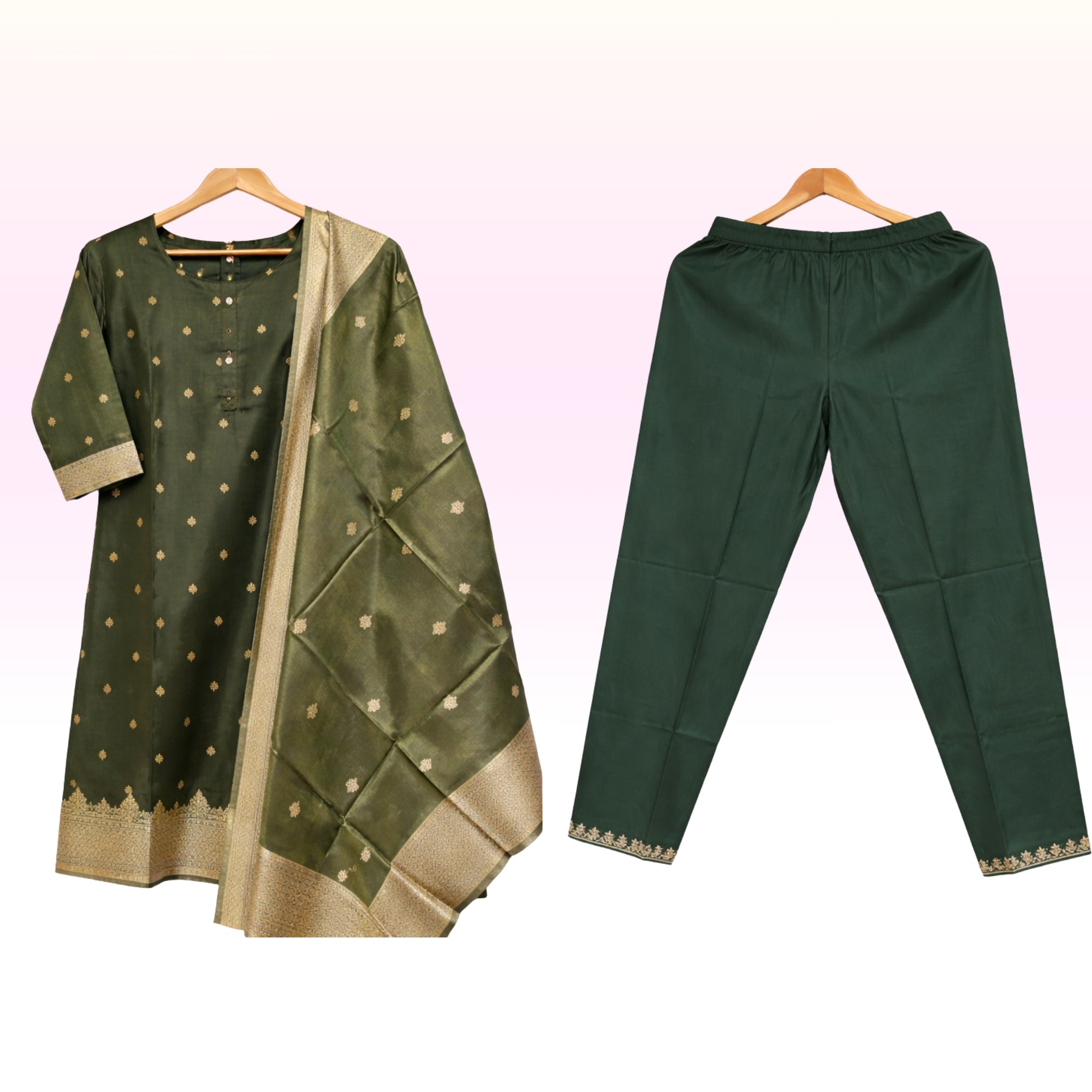 Women’s Olive Green Woven Kurta Set with Pant & Jacquard Dupatta – Classic Festive Ethnic Wear