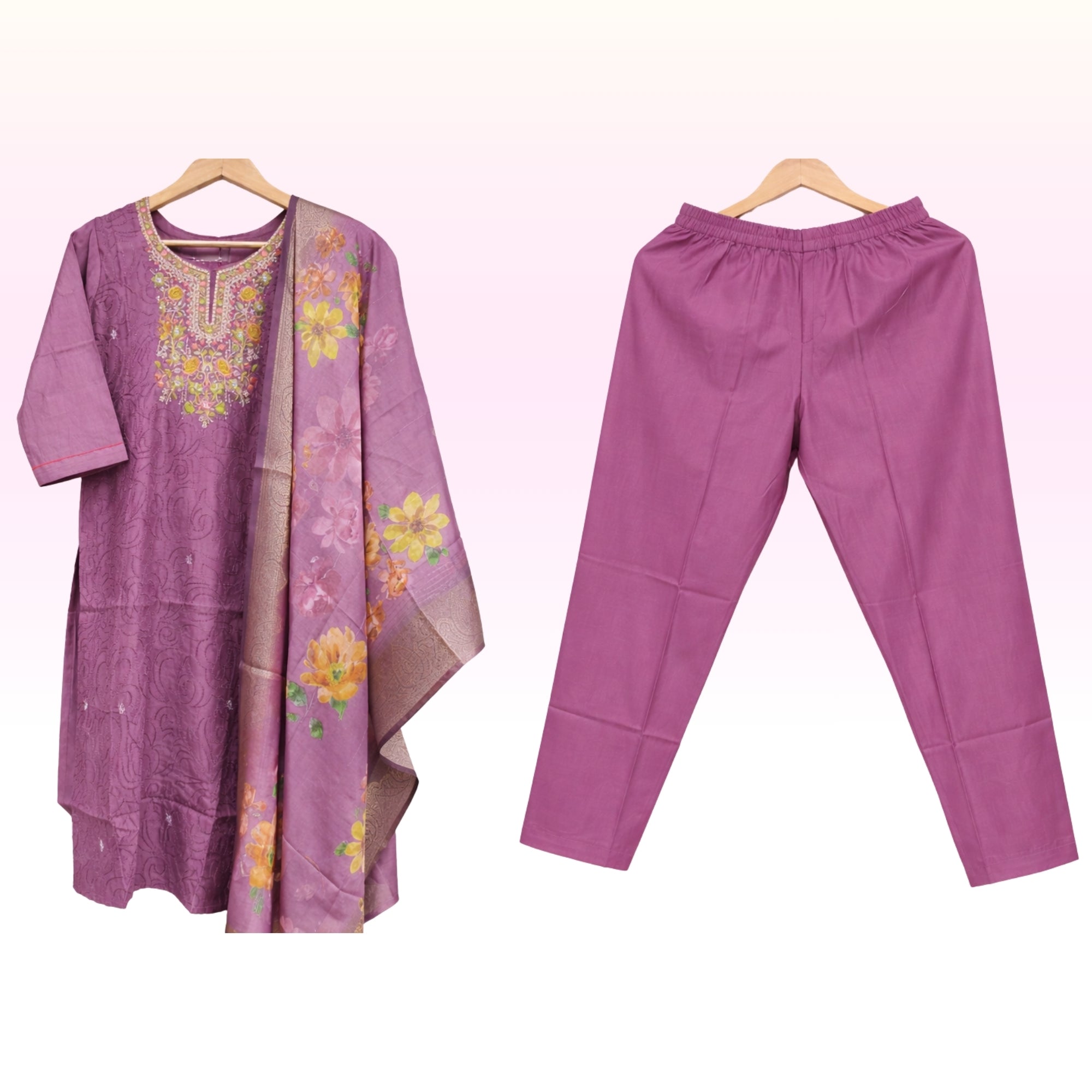 Women’s Mauve Purple Embroidered Kurta Set with Pant & Floral Dupatta – Festive Ethnic Wear