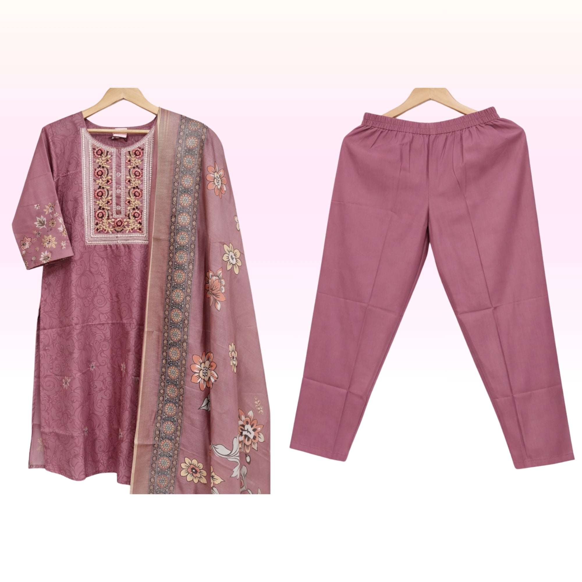 Women’s Dusty Rose Printed Kurta Set with Pant & Dupatta – Elegant Ethnic Wear