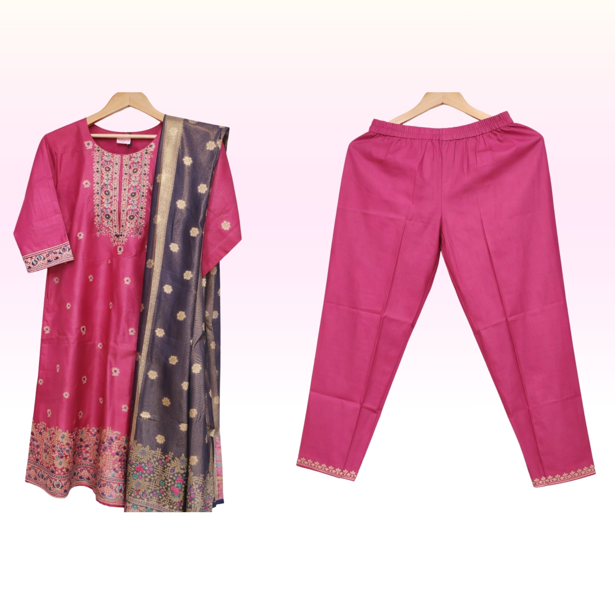Women’s Rani Pink Woven Kurta Set with Pant & Contrast Jacquard Dupatta – Festive Ethnic Wear