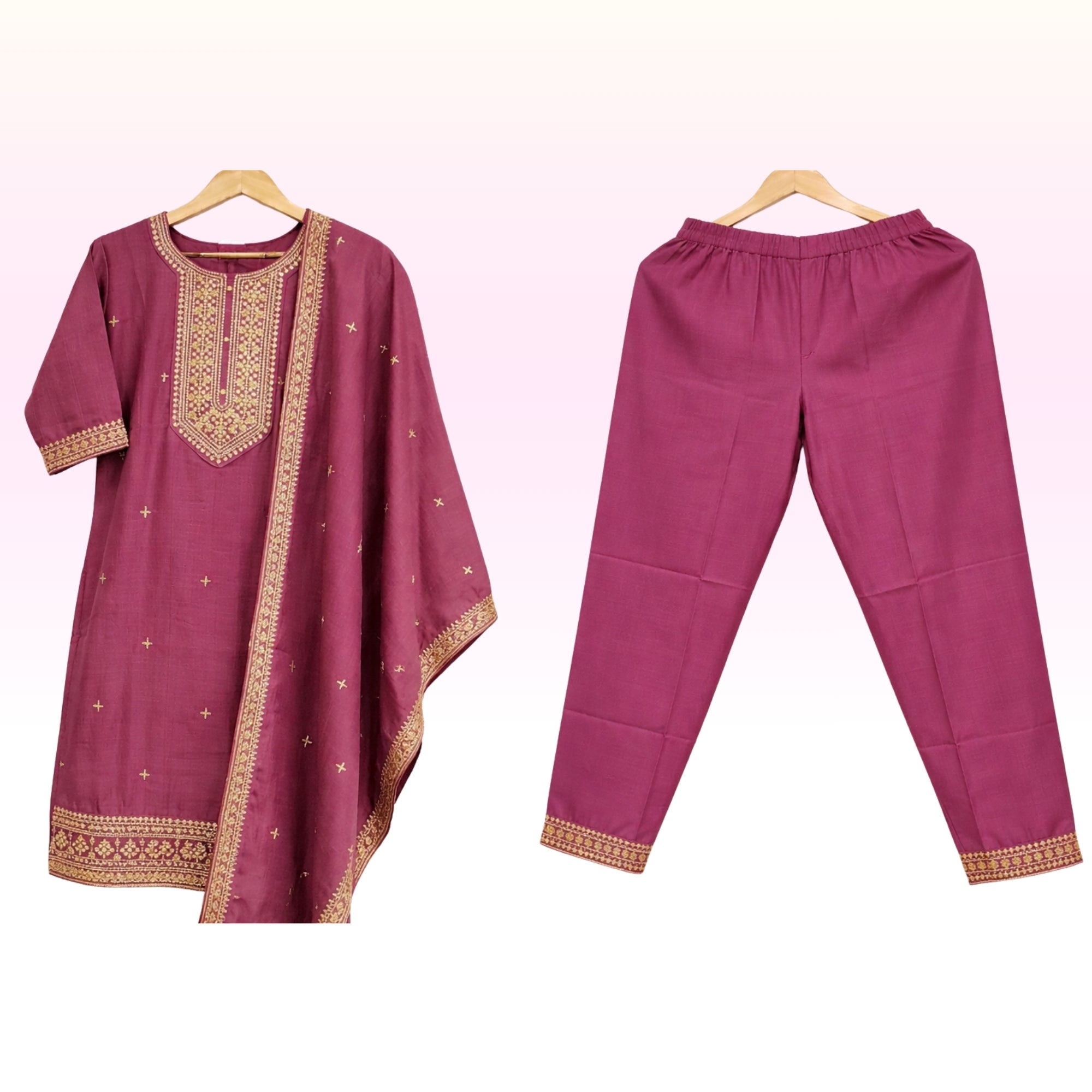 Women’s Wine Purple Embroidered Kurta Set with Pant & Dupatta – Premium Festive Ethnic Wear
