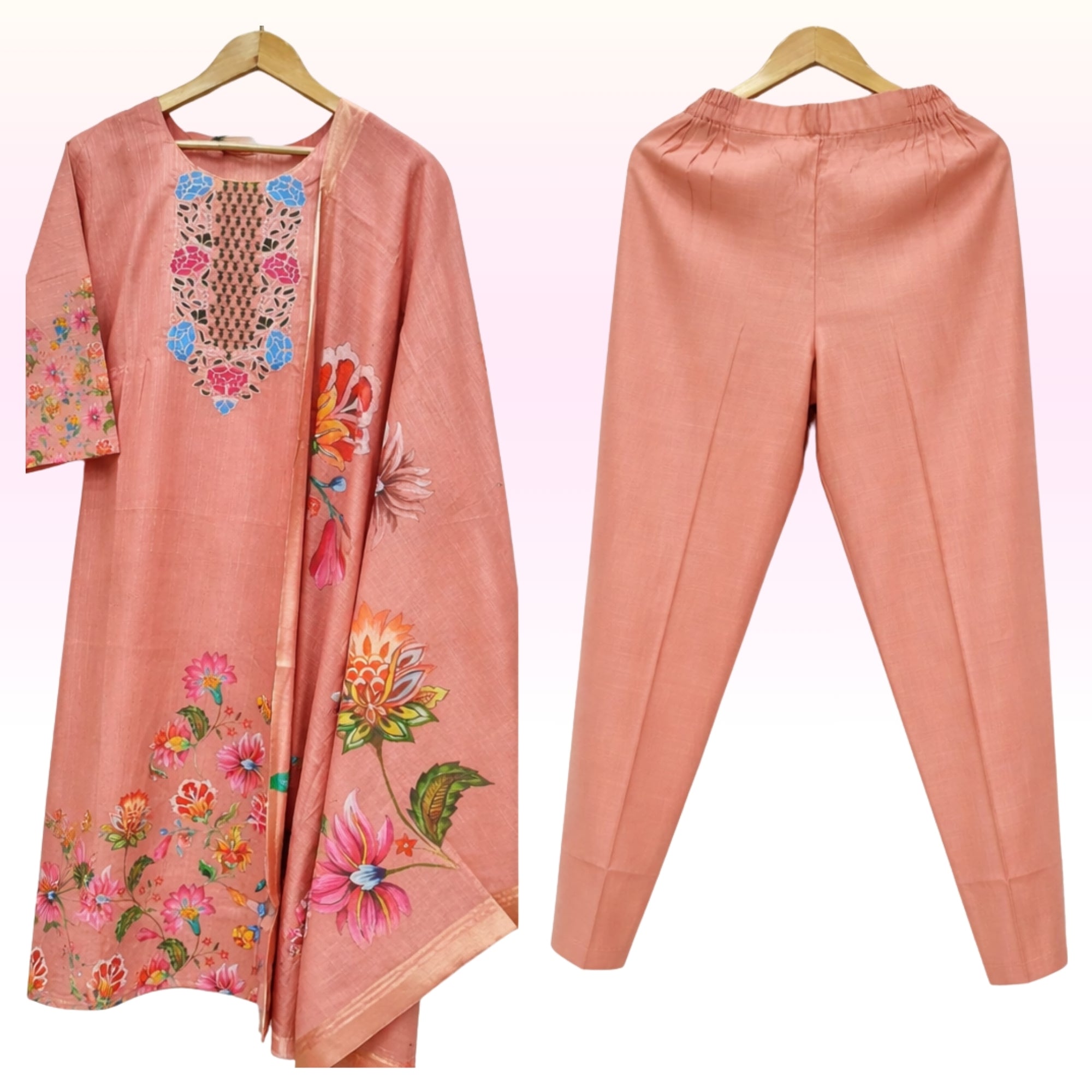 Women’s Peach Floral Printed Kurta Set with Pant & Dupatta – Elegant Ethnic Wear