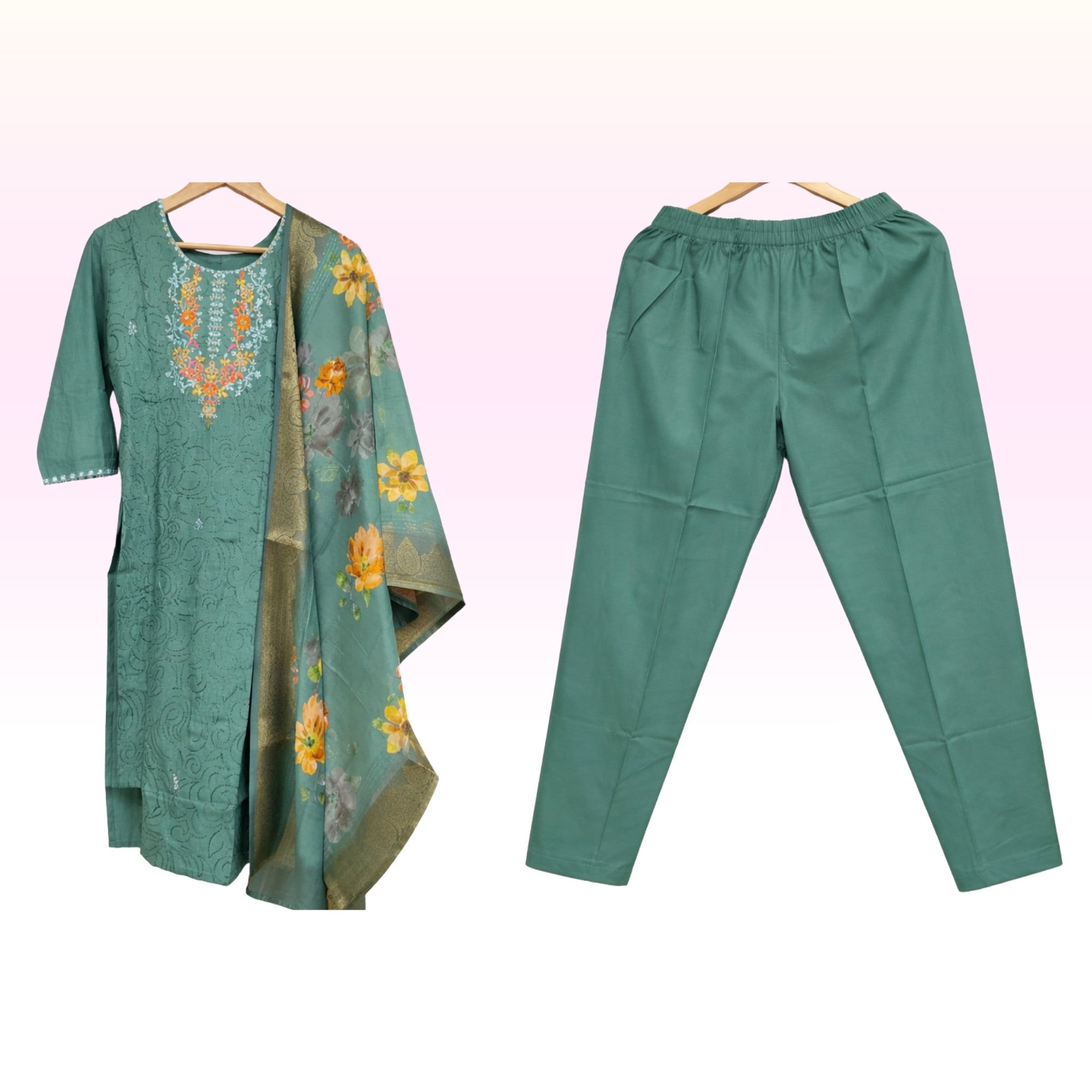 Women’s Sea Green Embroidered Kurta Set with Pant & Floral Dupatta – Elegant Ethnic Wear
