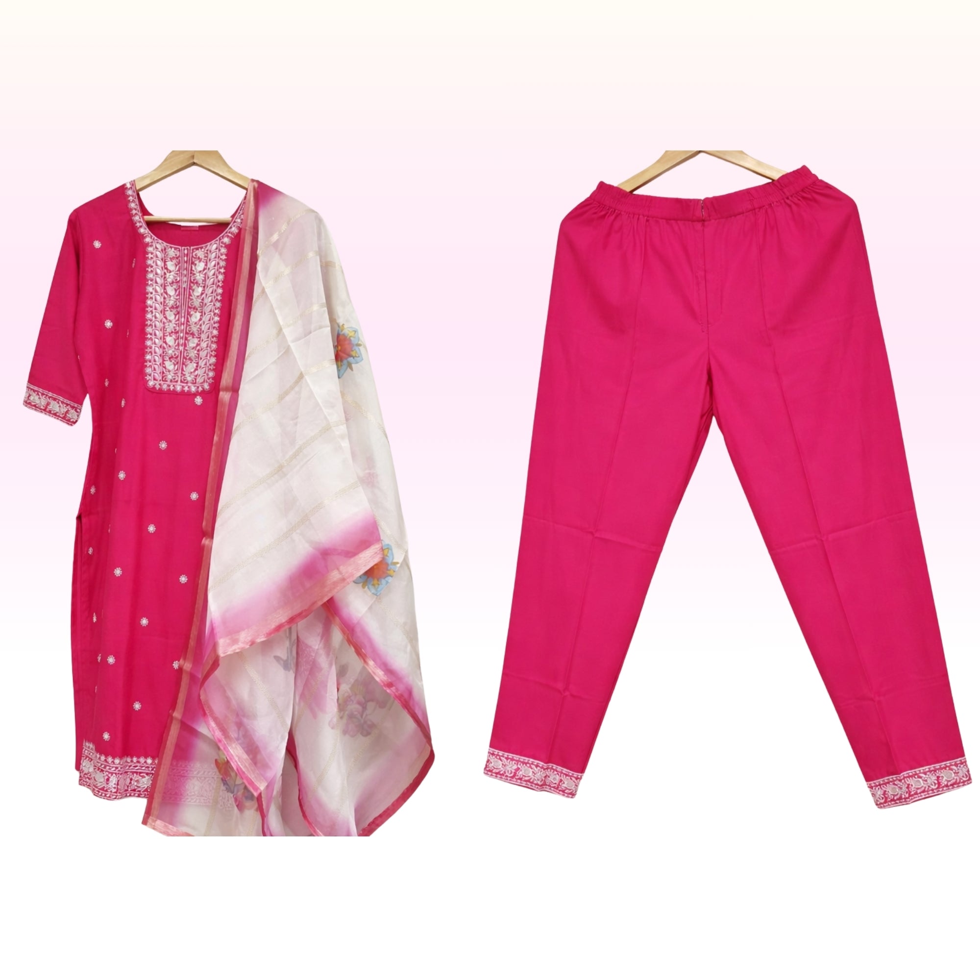 Women’s Rani Pink Embroidered Kurta Set with Pant & Printed Dupatta – Classic Ethnic Wear