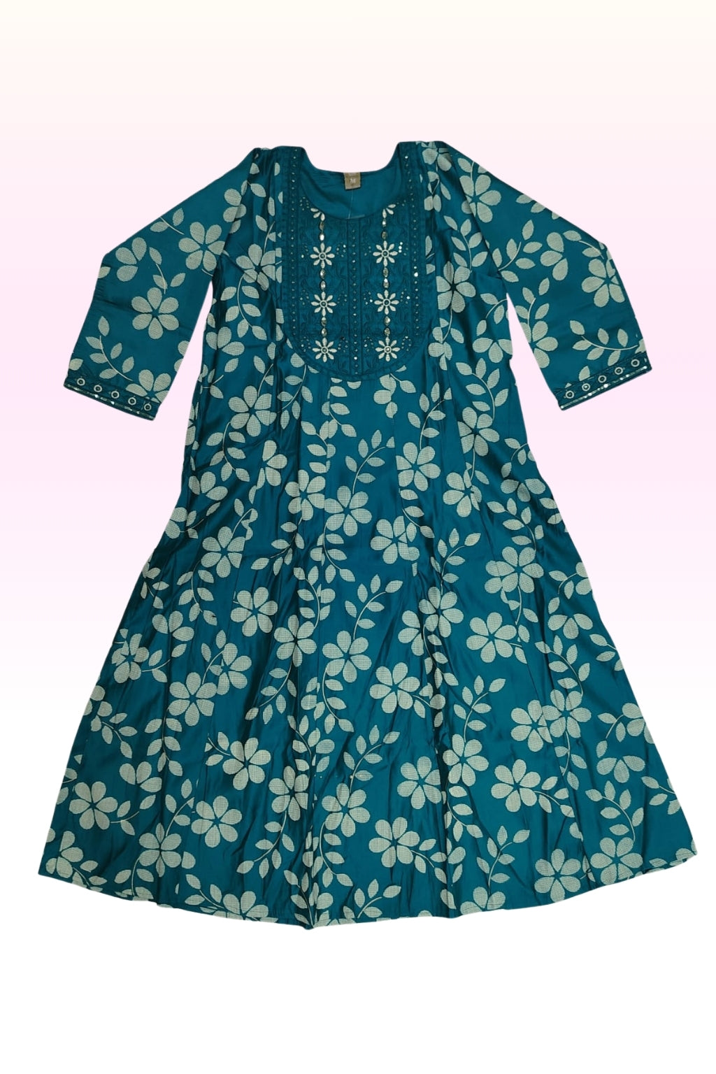 Sea Green Floral Printed Anarkali Dress – Elegant Flared Ethnic Wear for Women