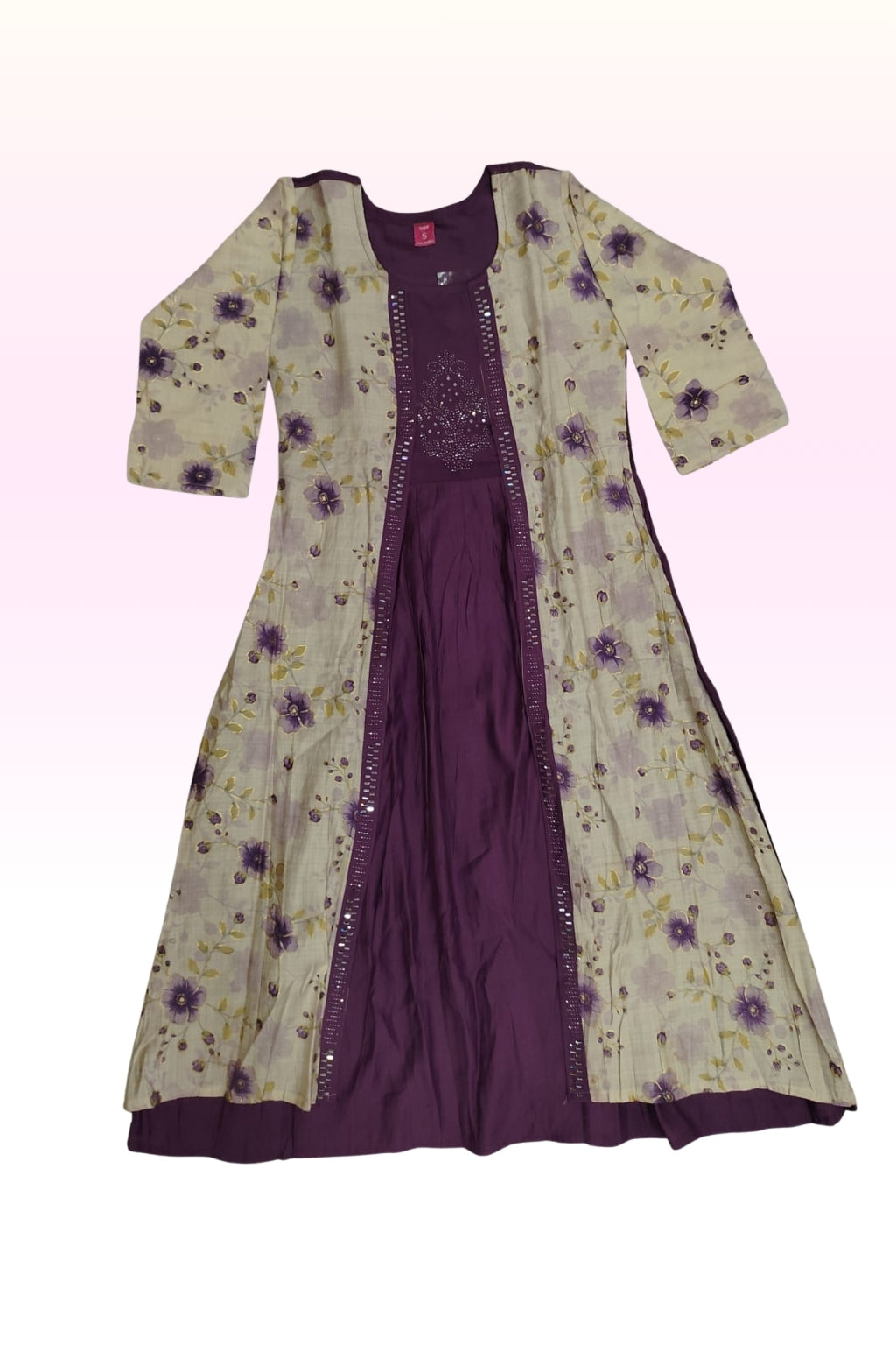 Cream & Plum Floral Layered Anarkali Dress – Elegant Festive Ethnic Wear for Women