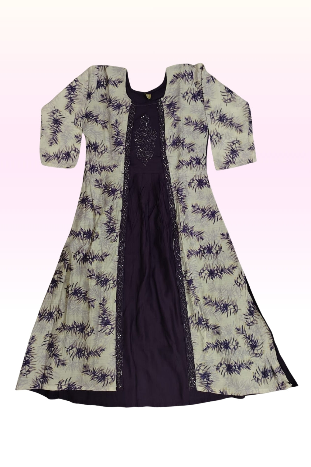 Ivory & Deep Purple Layered Anarkali Dress – Elegant Floral Festive Wear for Women