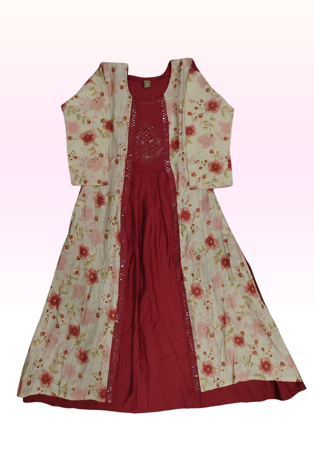 Cream & Red Floral Layered Anarkali Dress – Elegant Festive Ethnic Wear for Women