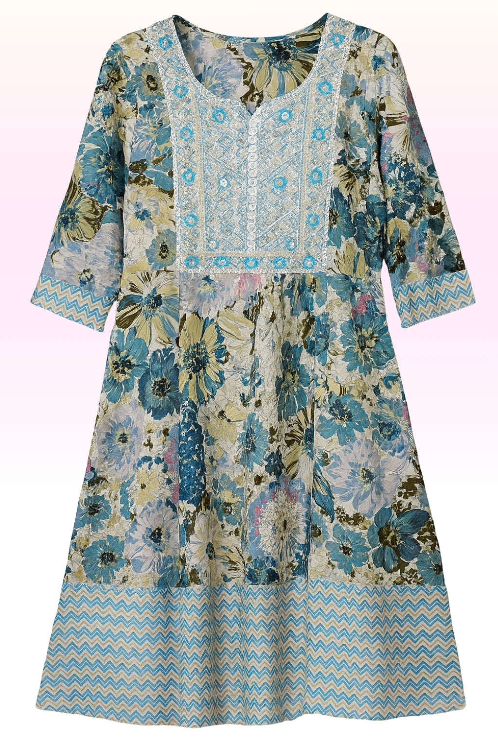 Women’s Floral Jaipur Cotton Umbrella Kurthi with Embroidered Neck – 3/4 Sleeve Stitched Dress