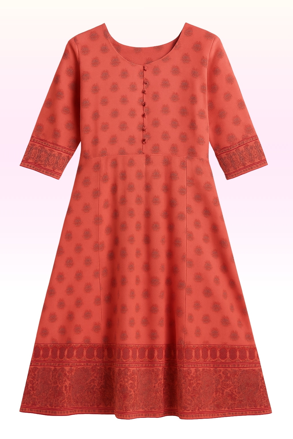 Women’s Peach Printed Umbrella Kurthi – Silk Cotton Stitched Kurta with 3/4 Sleeves & Rich Zari Border