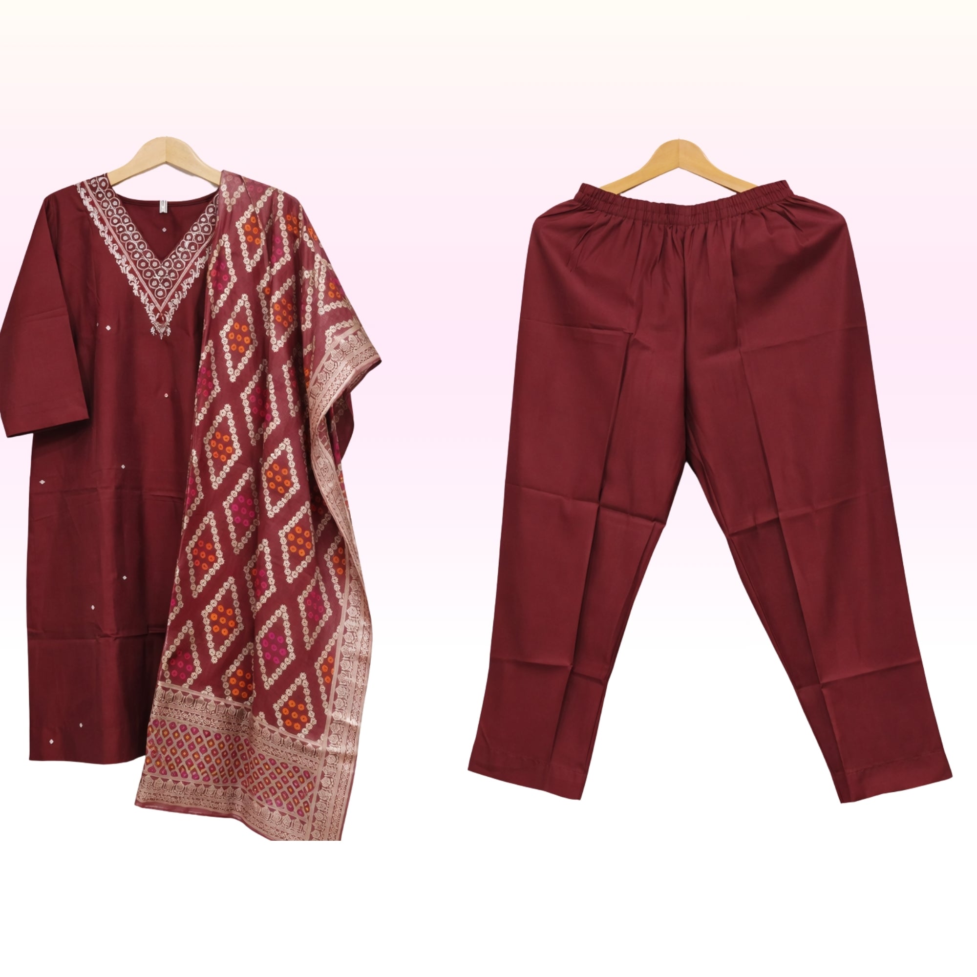 Maroon Printed Kurta Pant Set with Bandhani-Style Dupatta – Cotton Blend, Regular Wear