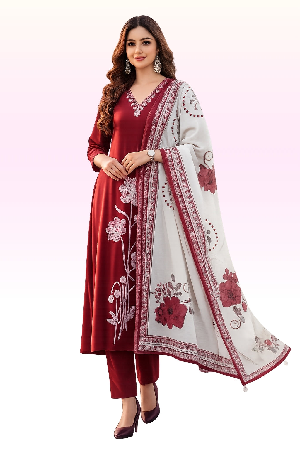 Women’s Maroon Vatican Salwar Suit with Floral Dupatta
