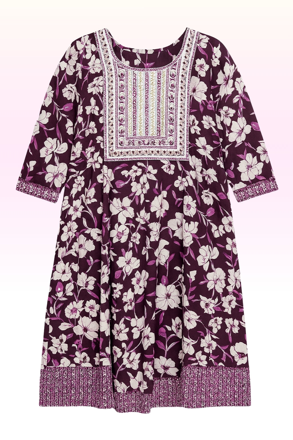 Women’s Floral Printed Umbrella Kurthi with Embroidered Yoke – Stitched 3/4 Sleeve Rayon Dress