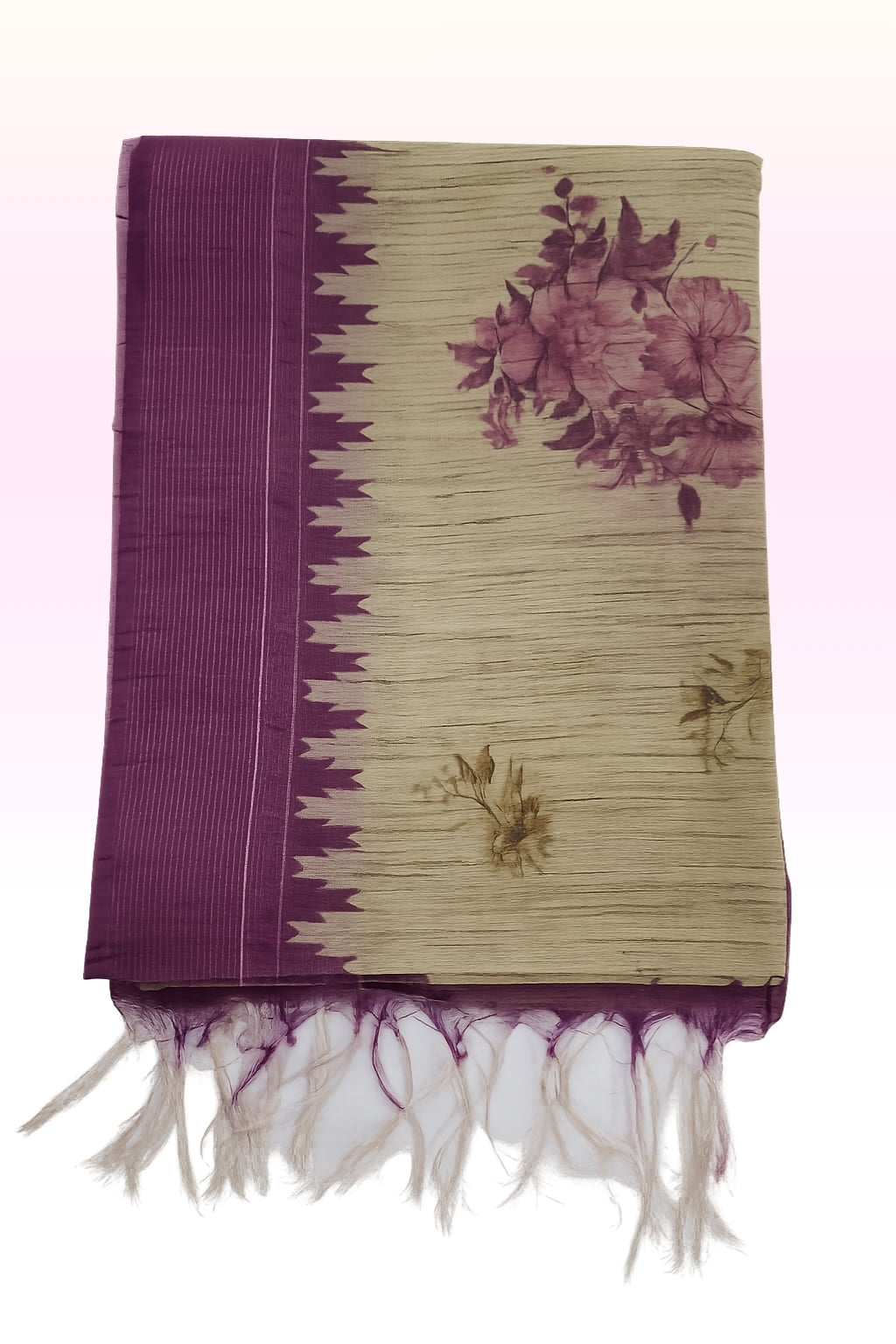 Women’s Beige & Purple Floral Printed Dupatta with Contrast Border and Tassels | Lightweight Ethnic Shawl