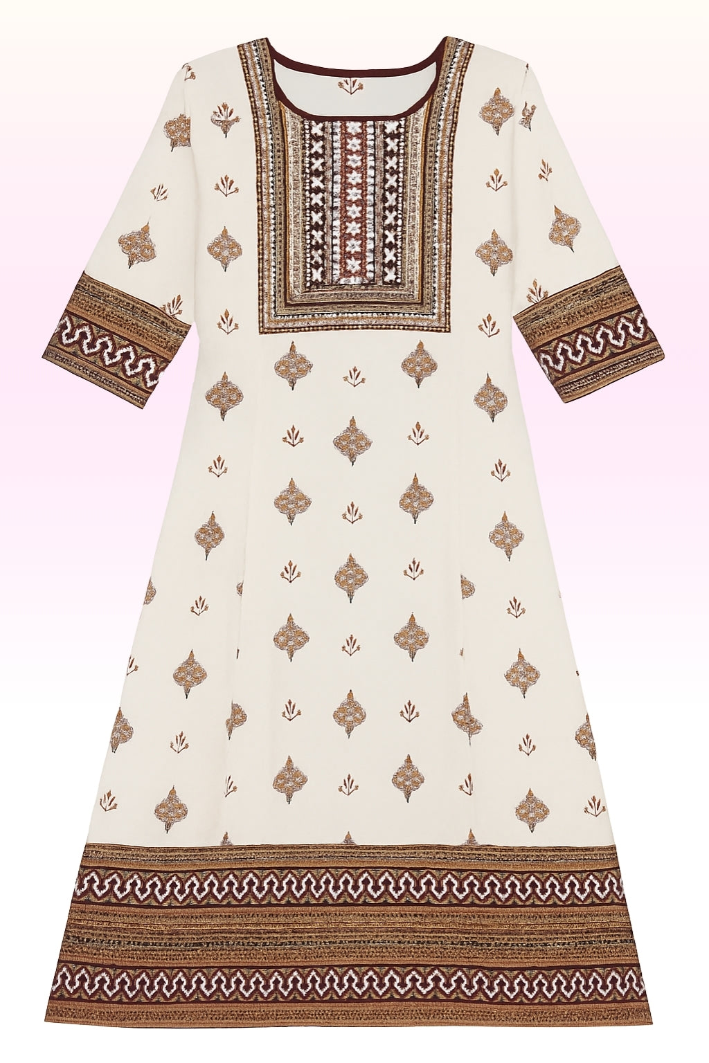 Women’s White Embroidered Yoke Anarkali Umbrella Kurthi – Stitched 3/4 Sleeve Cotton Dress