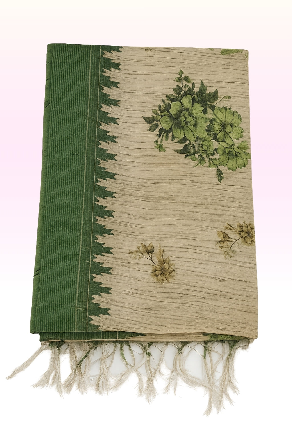 Women’s Bhagalpur Art Saree with Unstitched Blouse | Traditional Beige & Green Floral Handloom Saree