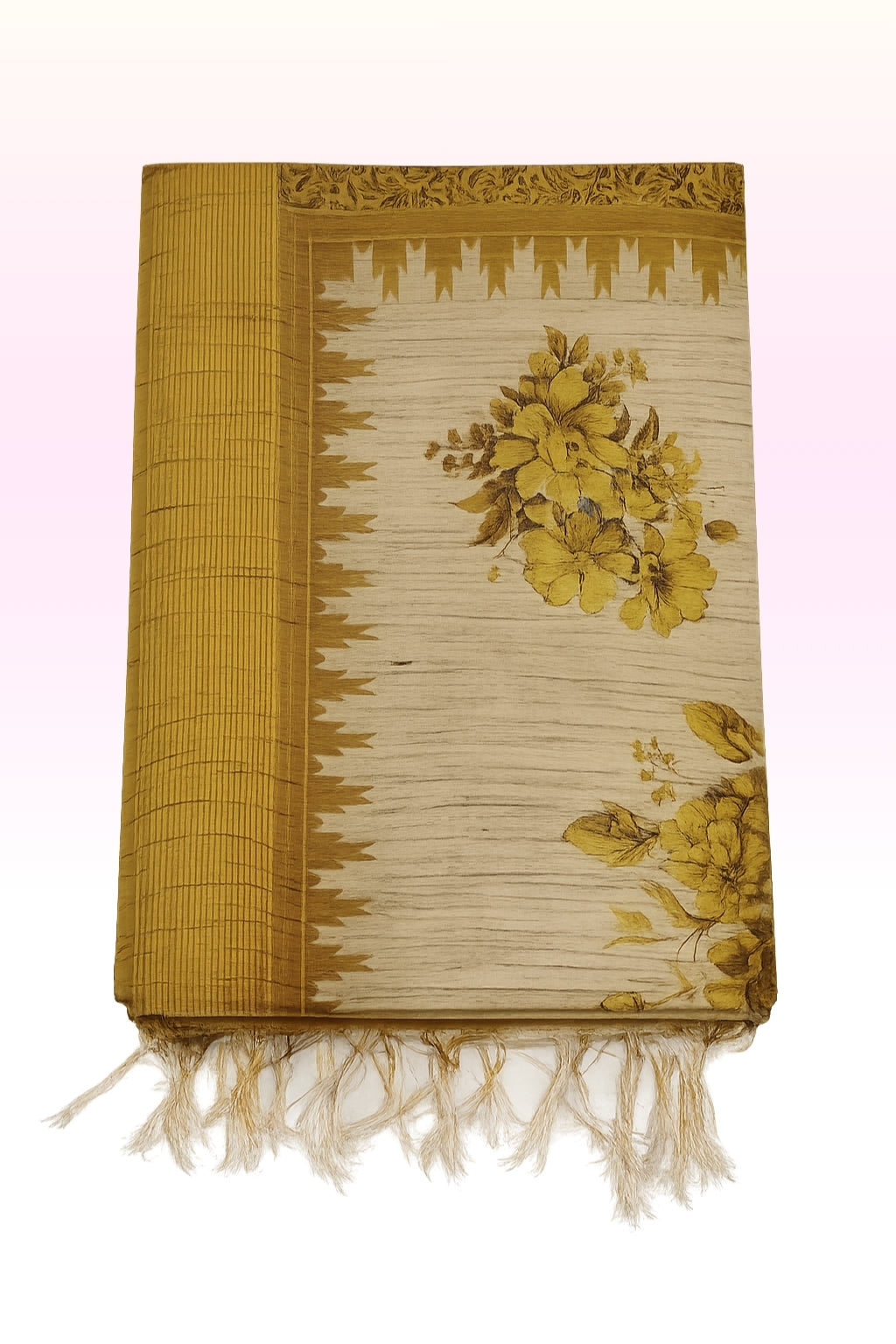 Women’s Bhagalpur Art Saree with Unstitched Blouse | Traditional Mustard & Beige Floral Handloom Saree