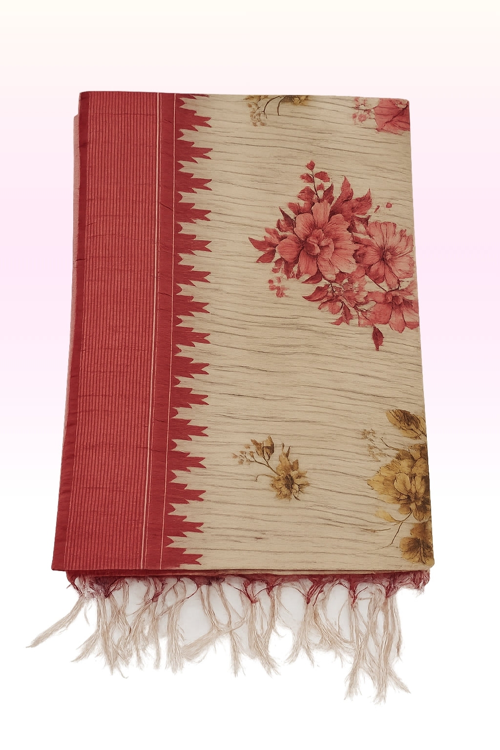 Women’s Bhagalpur Art Saree with Unstitched Blouse | Beige & Maroon Floral Traditional Saree