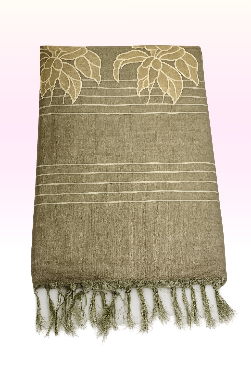 Women’s Bhagalpur Art Saree with Unstitched Blouse | Olive Green Leaf Design Traditional Saree