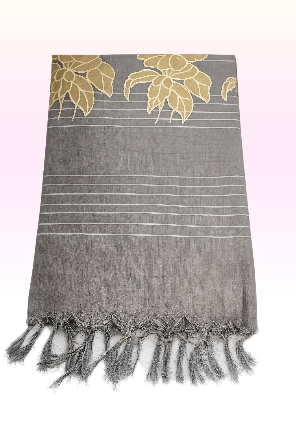 Women’s Bhagalpur Art Saree with Unstitched Blouse | Grey Leaf Motif Traditional Saree