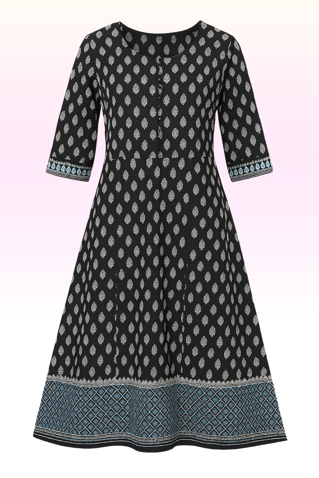 Women’s Black Printed Umbrella Kurthi – Cotton Stitched Kurthi with 3/4th Sleeves