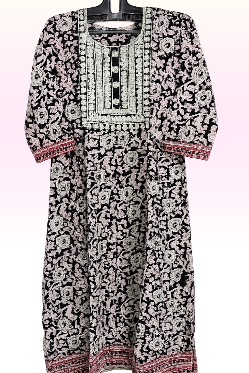 Women’s Black Floral Printed A-Line Kurti with White Embroidered Yoke | 3/4th Sleeves | Knee-Length Ethnic Kurta