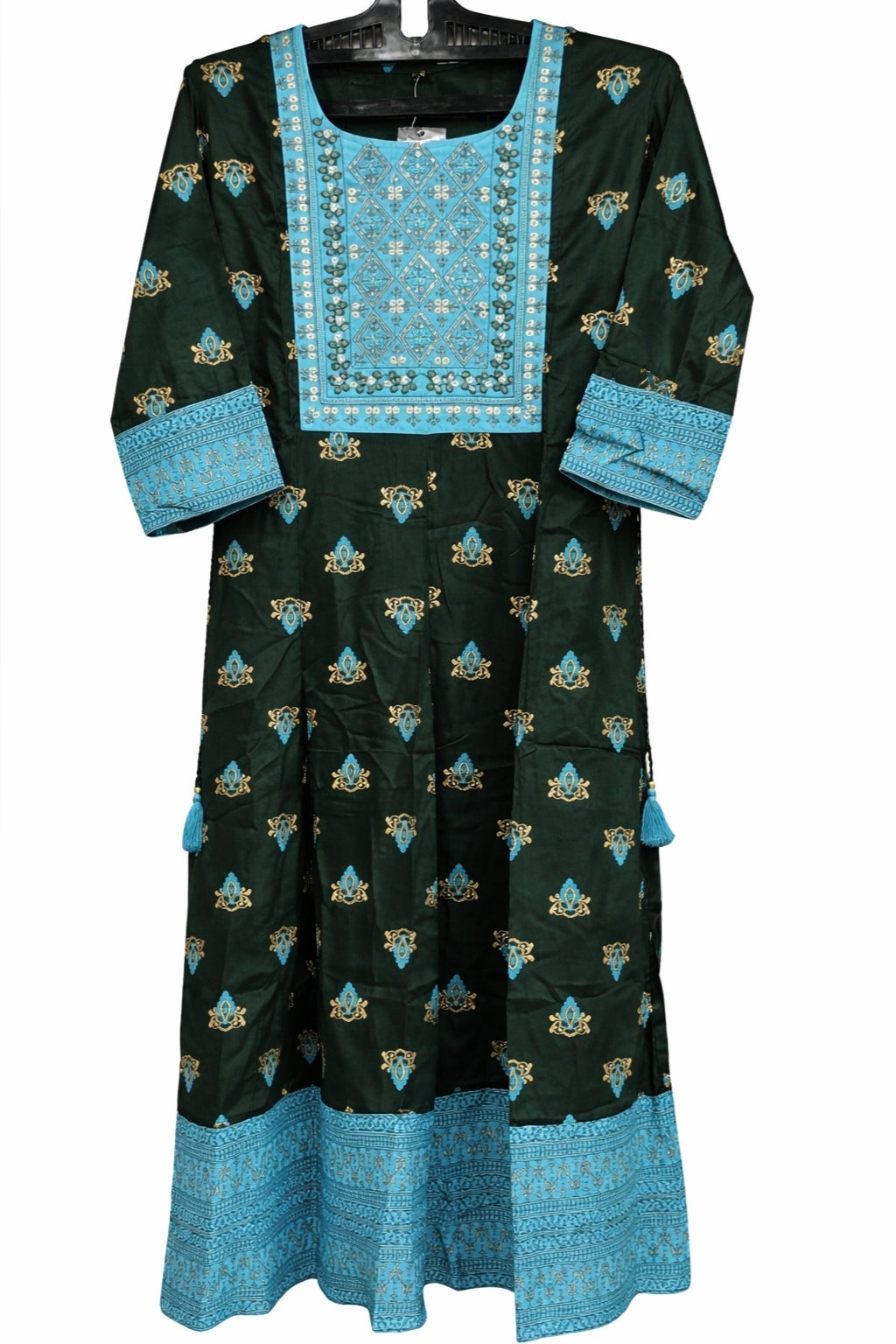 Women’s Navy Blue & Teal Printed A-Line Kurti with Embroidered Square Neck | 3/4th Sleeves | Ankle-Length Ethnic Kurta