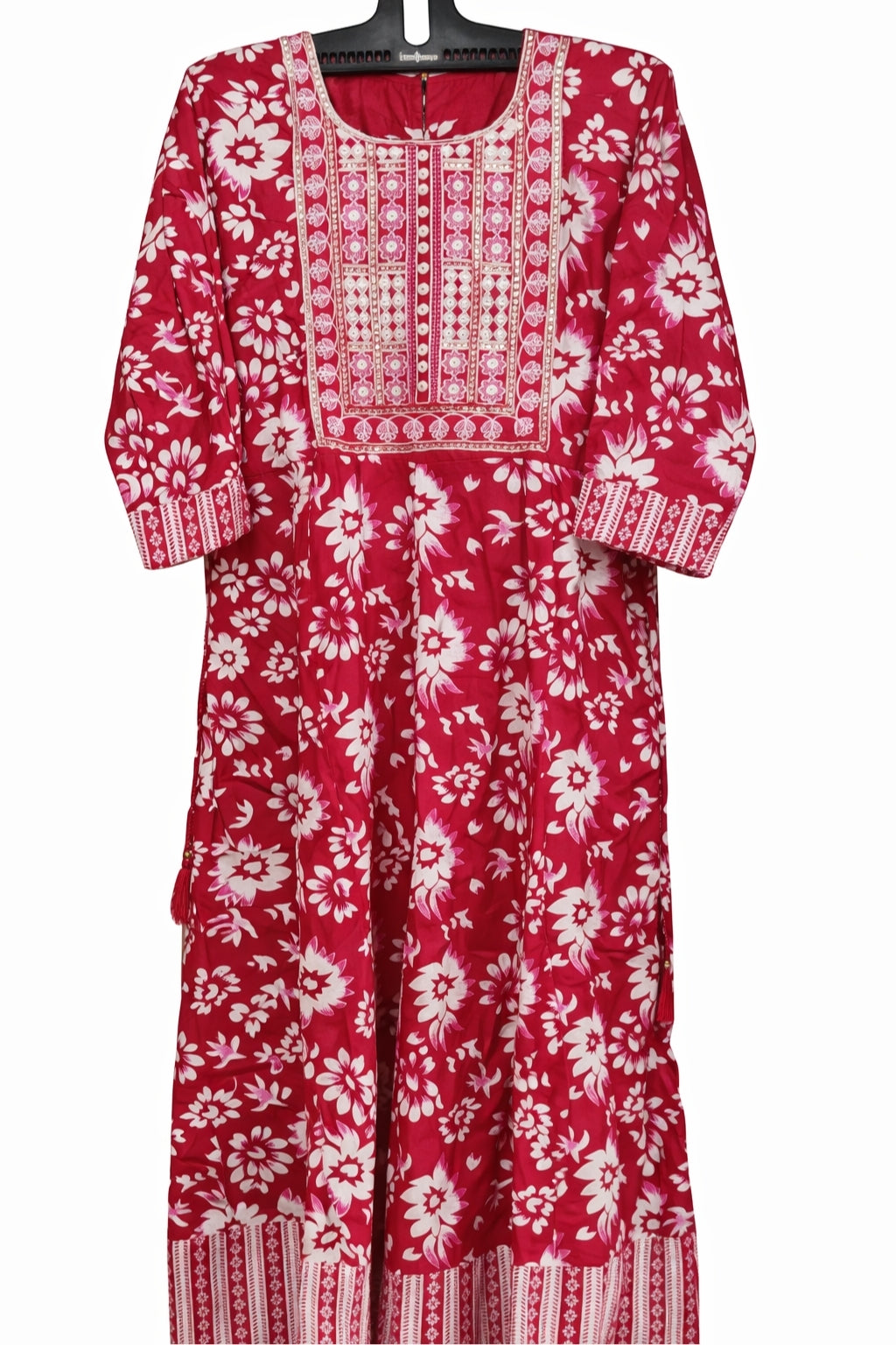 Women’s Pink with white Kurti with Embroidered Square Neck | 3/4th Sleeves | Ankle-Length Ethnic Kurta