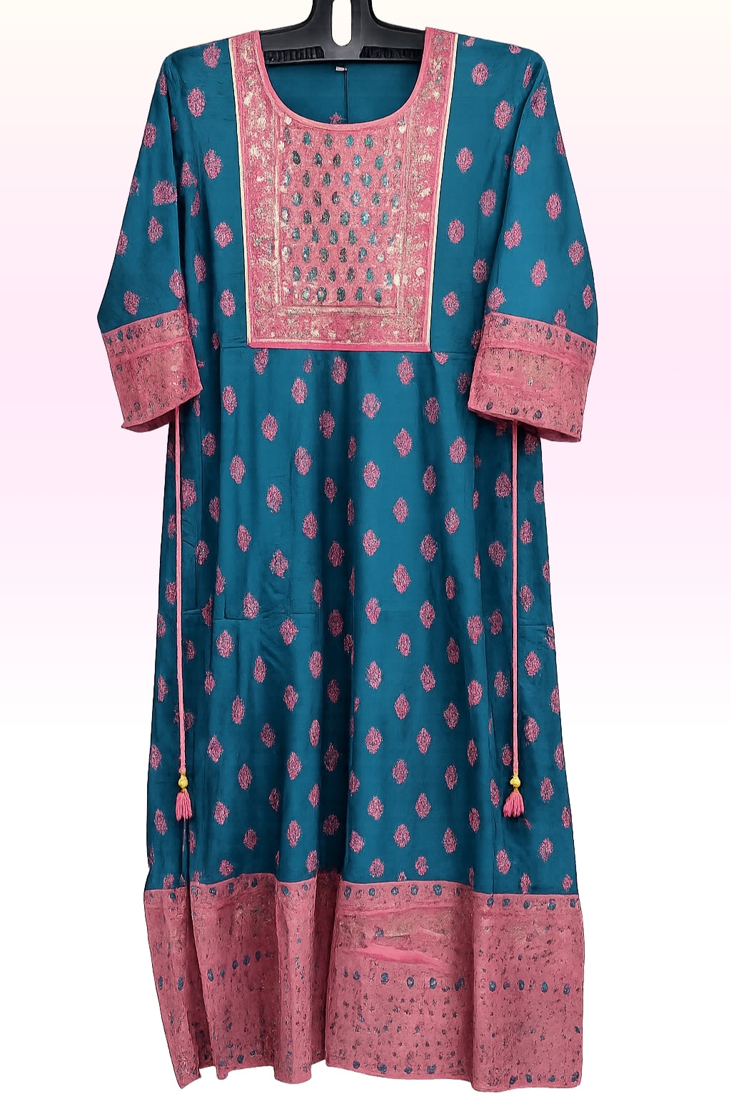 Women’s  Blue & Pink Printed A-Line Kurti with Mirror Work Embroidered Yoke