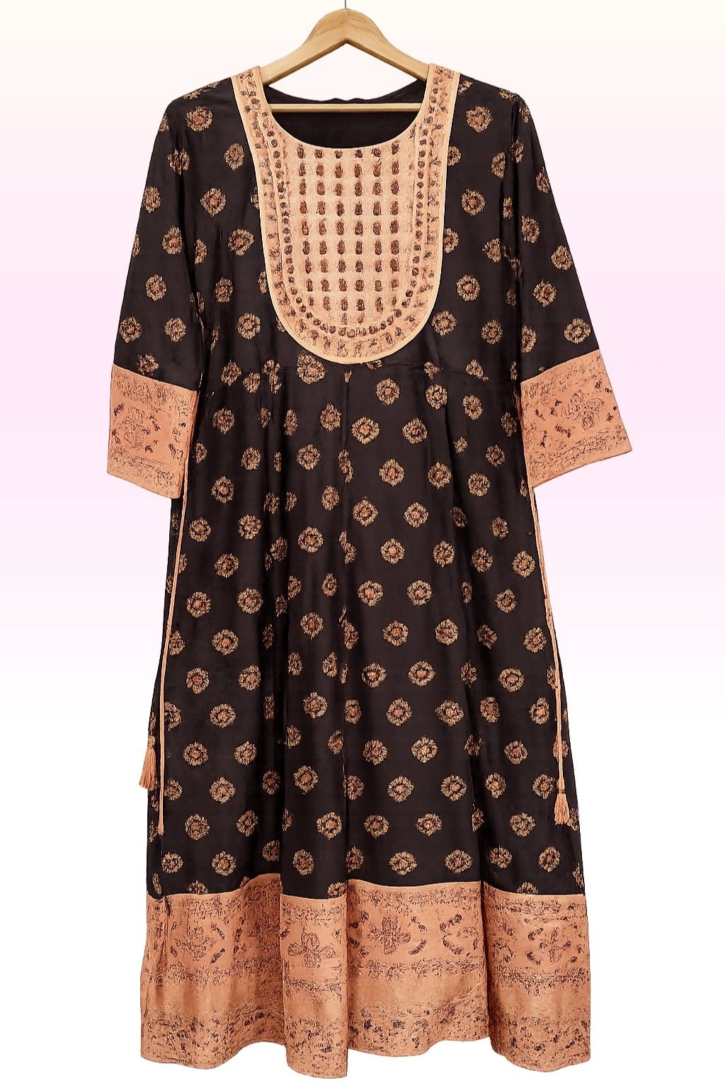 Women’s Dark Brown with orange A-Line Kurti with Mirror Work Embroidered U-Neck | 3/4th Sleeves | Ankle-Length Ethnic Kurta