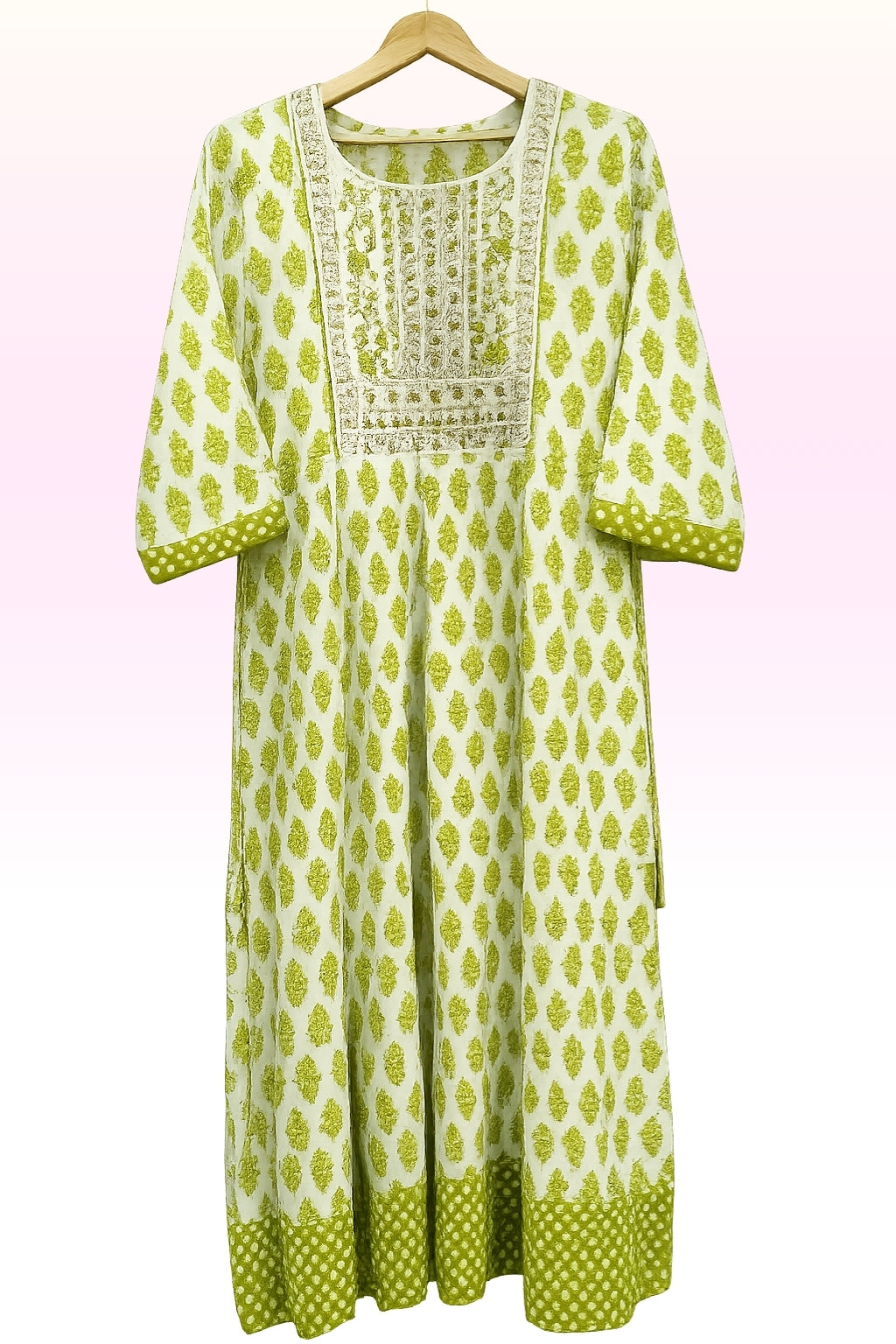 White & Green Cotton Printed Kurti with Embroidery – Women’s Ethnic Wear