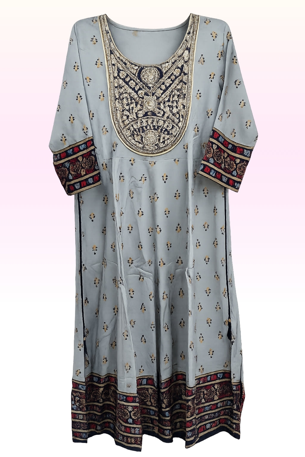 Women’s Grey with Navy Ethnic Printed Kurti with Embroidered Yoke | 3/4th Sleeve Long Kurti