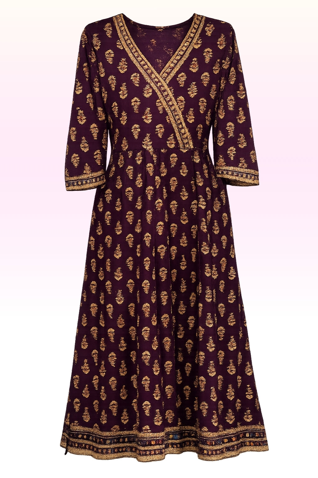 Women’s Deep Purple Ethnic Printed Long Kurti with V-Neck | 3/4th Sleeve Anarkali Style Kurti