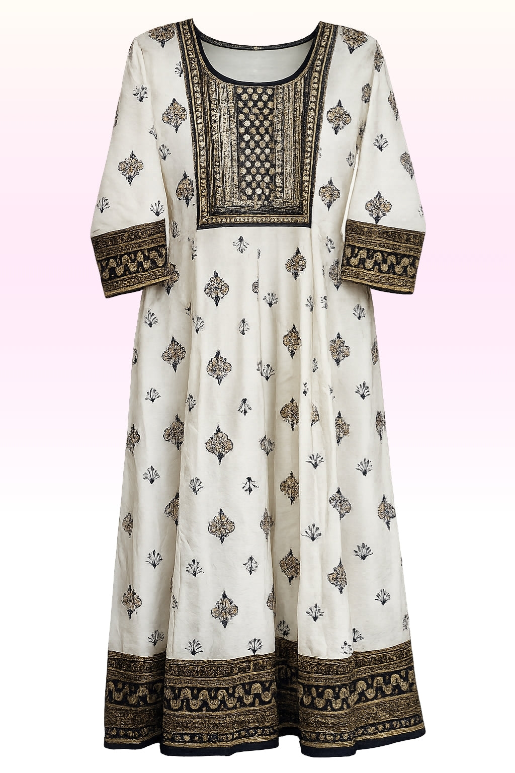 Women’s White with Navy Blue Ethnic Printed Long Kurti with Embroidered Yoke | Anarkali Style | 3/4th Sleeves