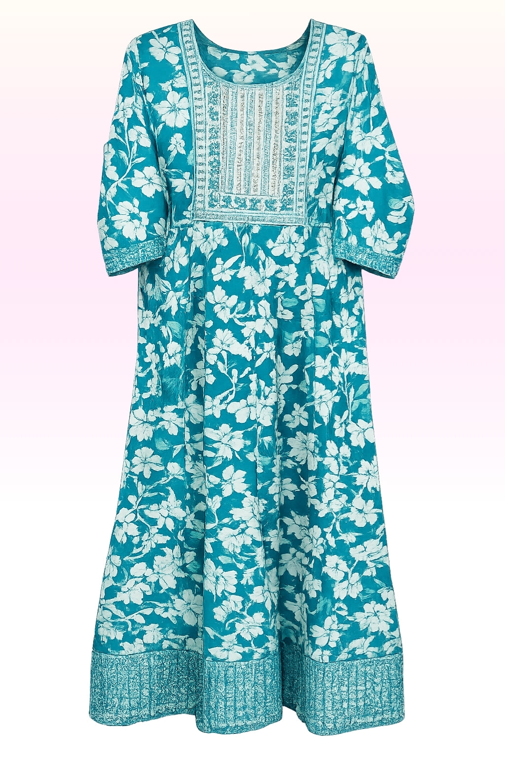 Women’s Teal Floral Printed Long Kurti with Embroidered Yoke | Anarkali Style | 3/4th Sleeves