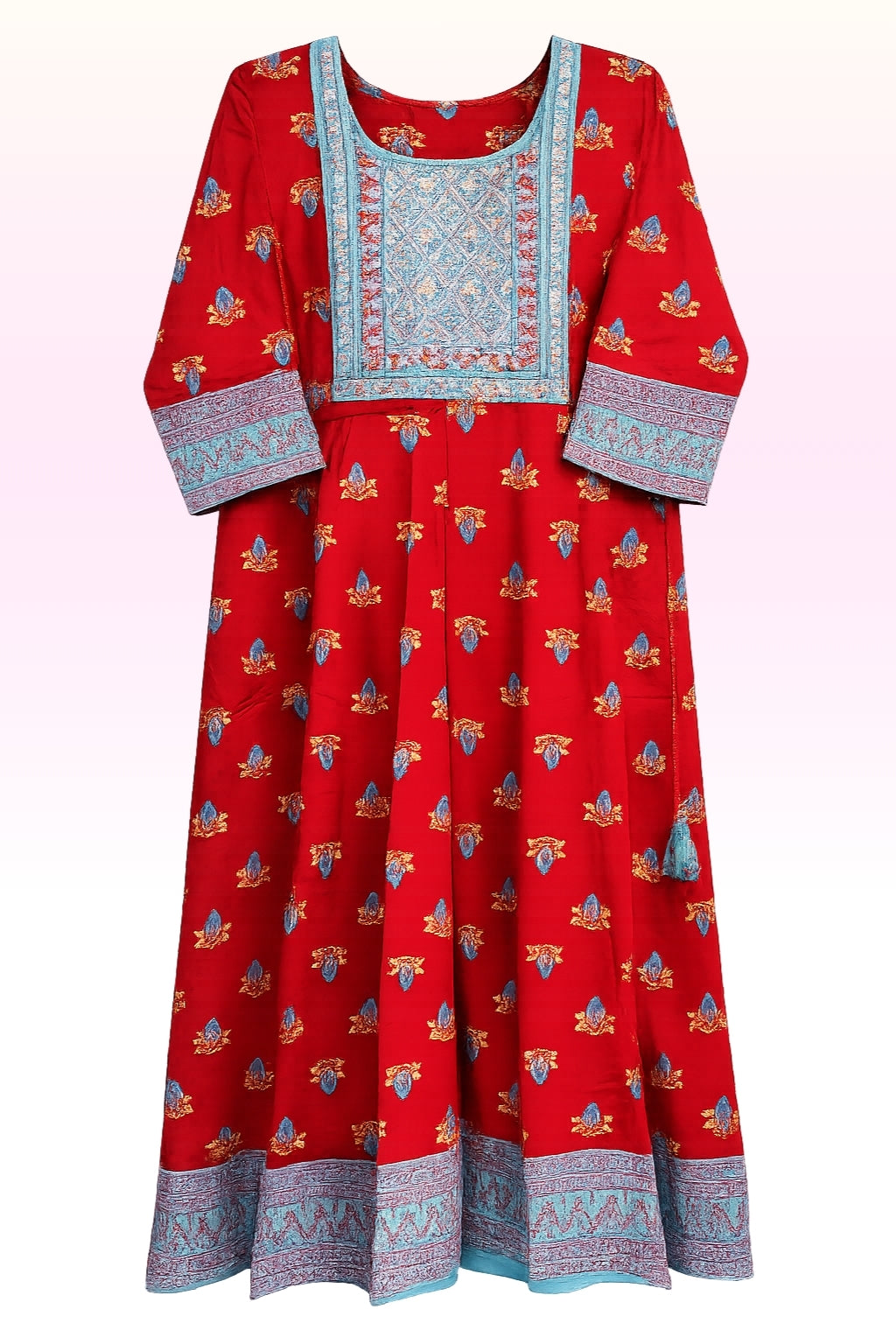 Women’s Red with Blue Printed Long Kurti with Turquoise Blue Embroidered Yoke | Anarkali Style | 3/4th Sleeves