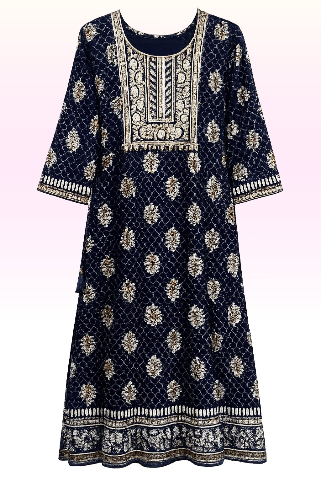 Women’s Navy Blue Printed Long Kurti with Gold Embroidered Yoke | Anarkali Style | 3/4th Sleeves