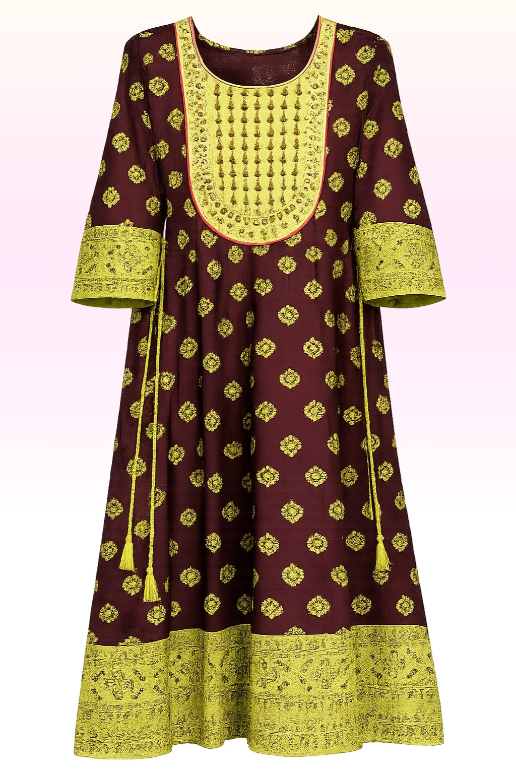 Women’s Brown & Lime Green Printed Anarkali Kurti with Embroidered Mirror-Work Yoke | 3/4th Sleeves | Ethnic Wear