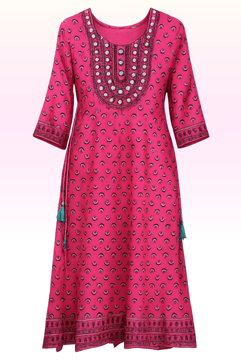 Women’s Rani Pink Printed Anarkali Kurti with Embroidered Yoke | 3/4th Sleeves | Ethnic