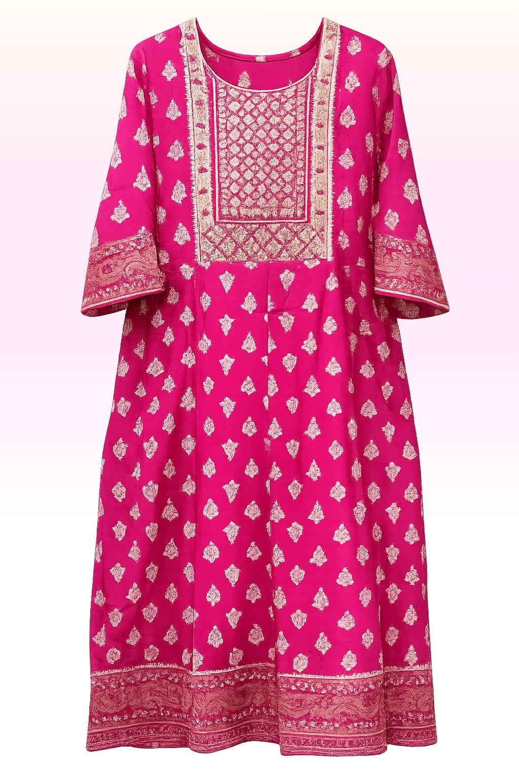 Women’s Magenta Pink Printed Kurti with Heavy Embroidered Yoke | 3/4th Sleeves | Festive & Ethnic Wear