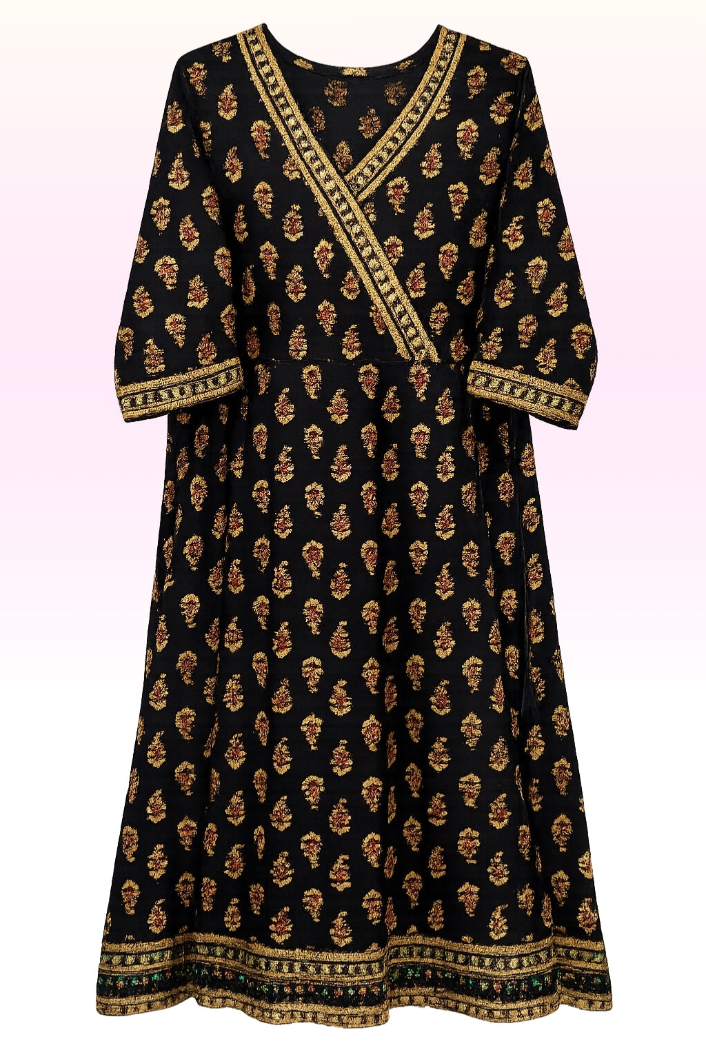 Women’s Black Printed Kurti with V-Neck Border Design | 3/4th Sleeves | Elegant Ethnic Wear
