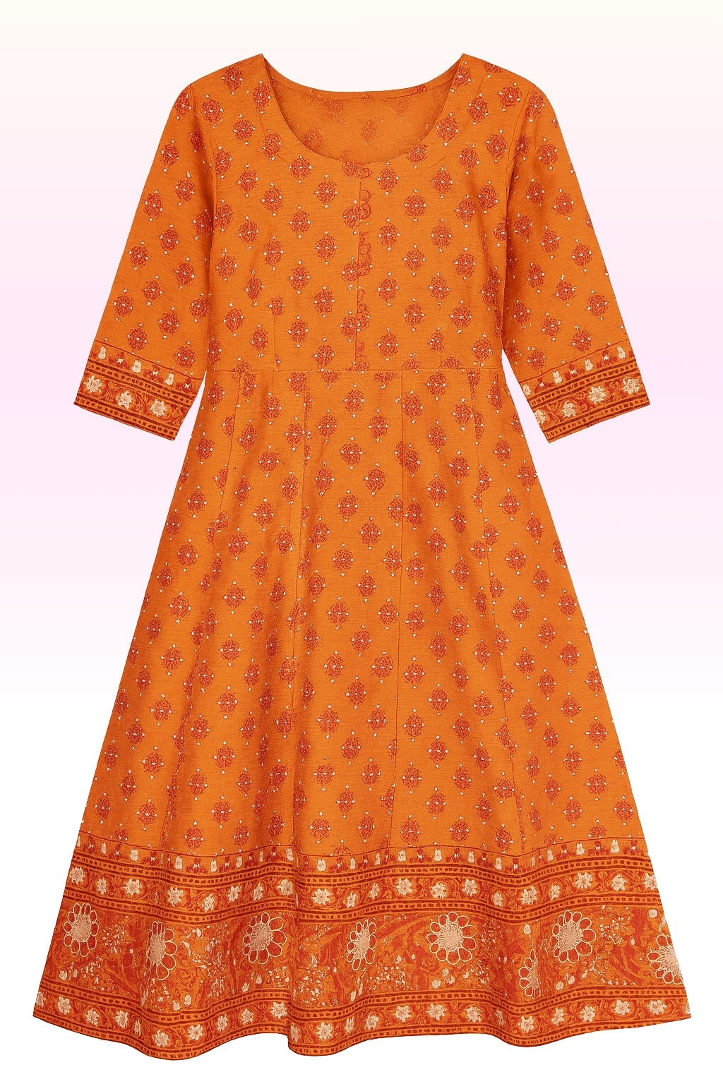Women’s Orange Printed Umbrella Kurthi – Cotton Stitched Kurthi with 3/4 Sleeves & Floral Border