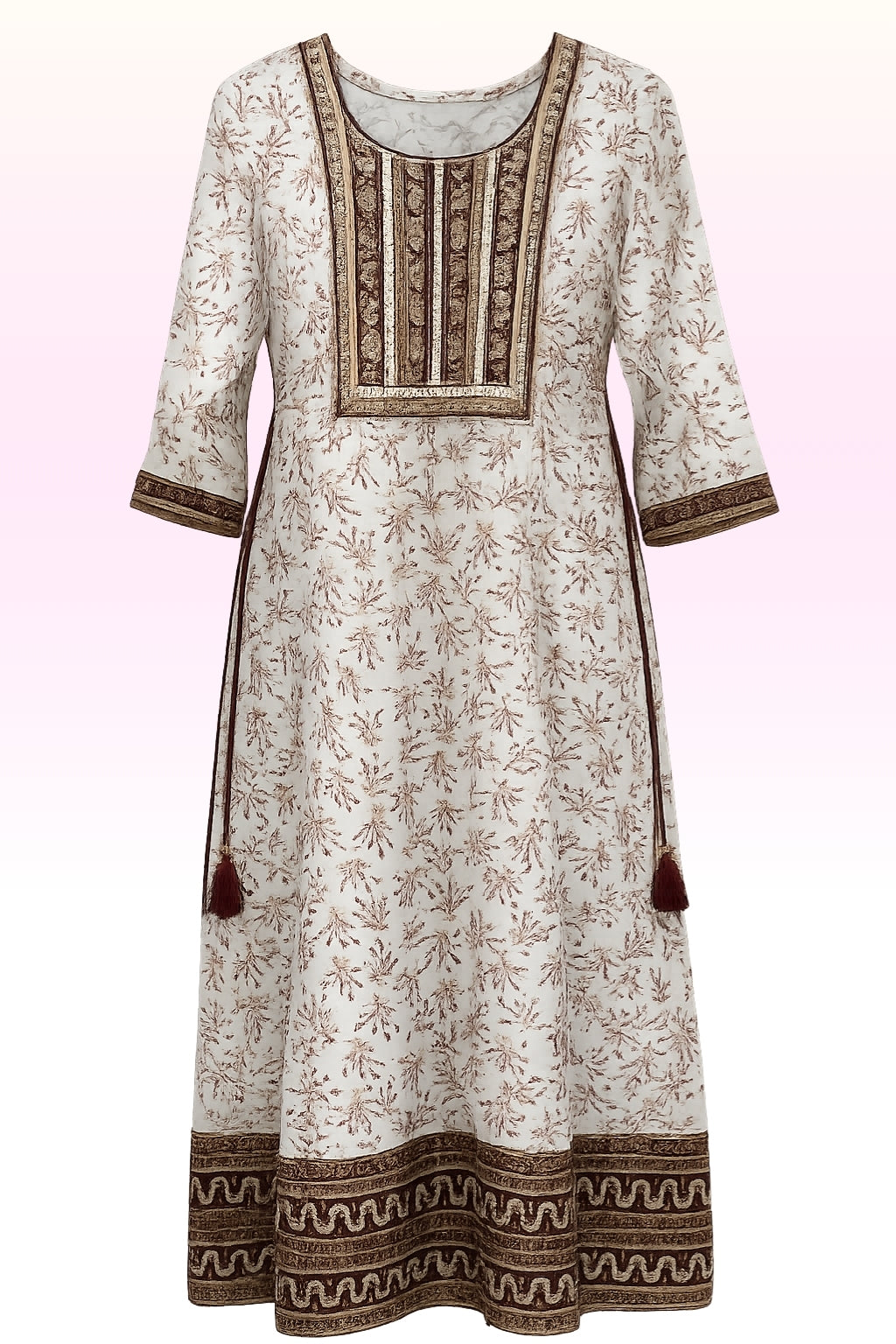 Women’s Off-White Floral Printed Cotton Kurti with Embroidered Yoke | Straight Fit | 3/4th Sleeves