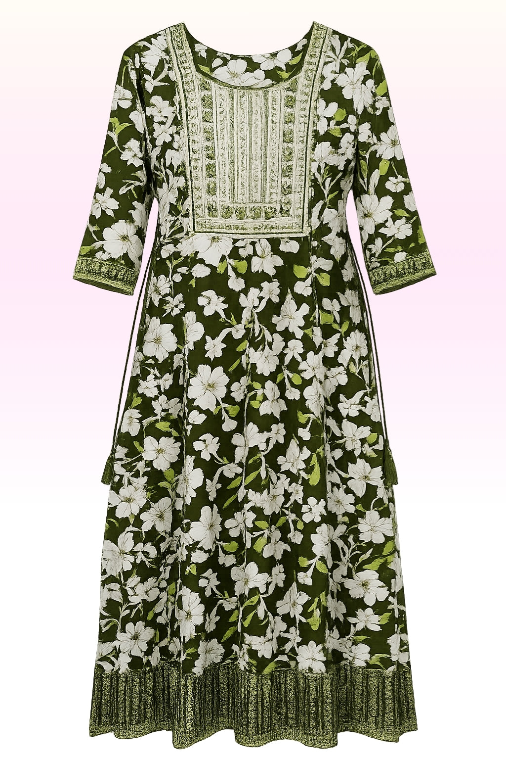 Women’s Olive Green Floral Printed Cotton Kurti with Embroidered Square Neck | A-Line Fit | 3/4th Sleeves