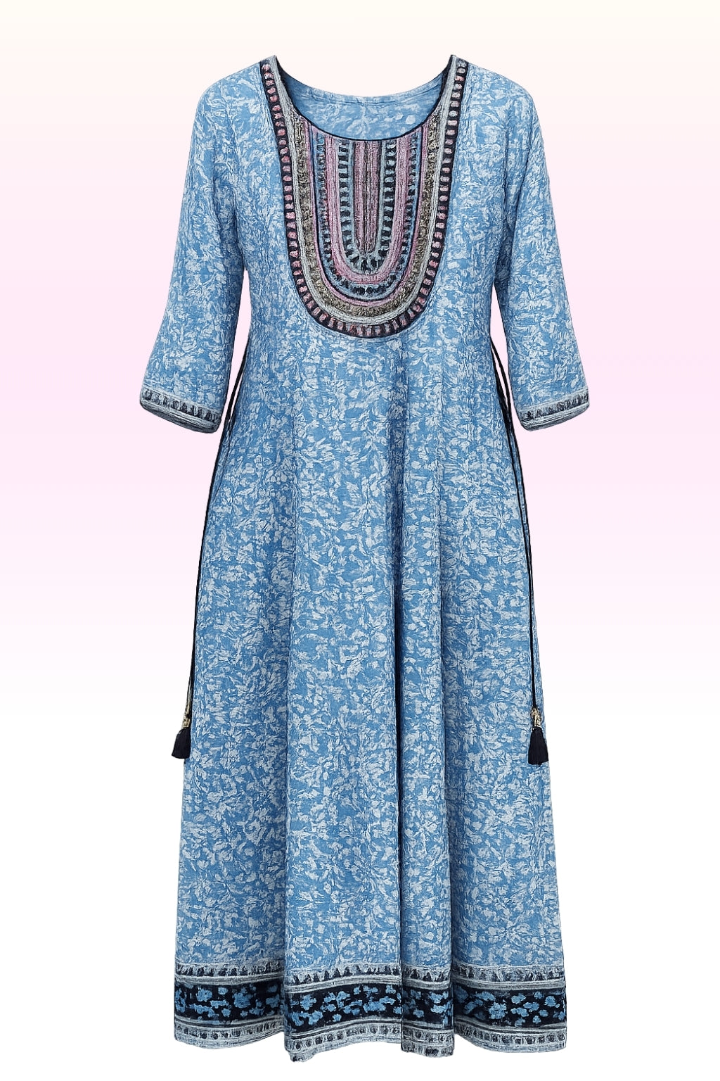 Women’s Beige Striped Cotton Kurta Pant Set | Straight Kurta with Elastic Waist Pants | 3/4th Sleeves