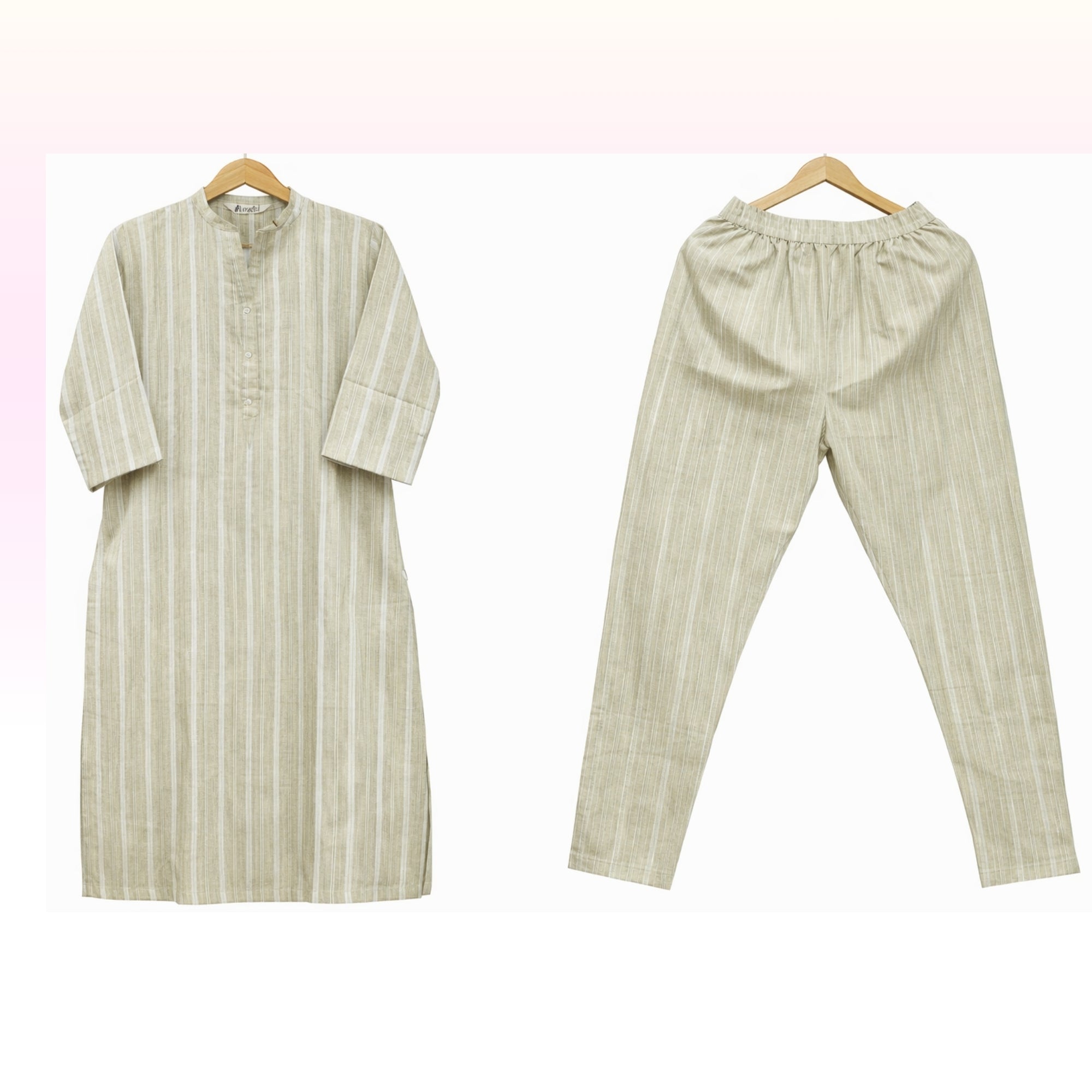Women’s Beige Striped Cotton Kurta Pant Set | Straight Kurta with Elastic Waist Pants | 3/4th Sleeves