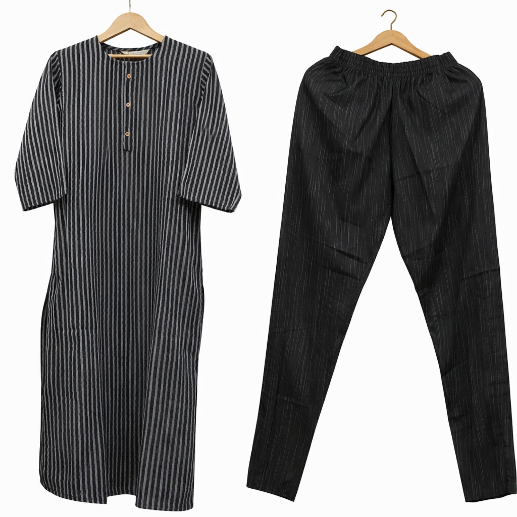 Women’s Black Striped Cotton Kurta Pant Set | Straight Kurta with Button Placket & Elastic Waist Pants | 3/4th Sleeves