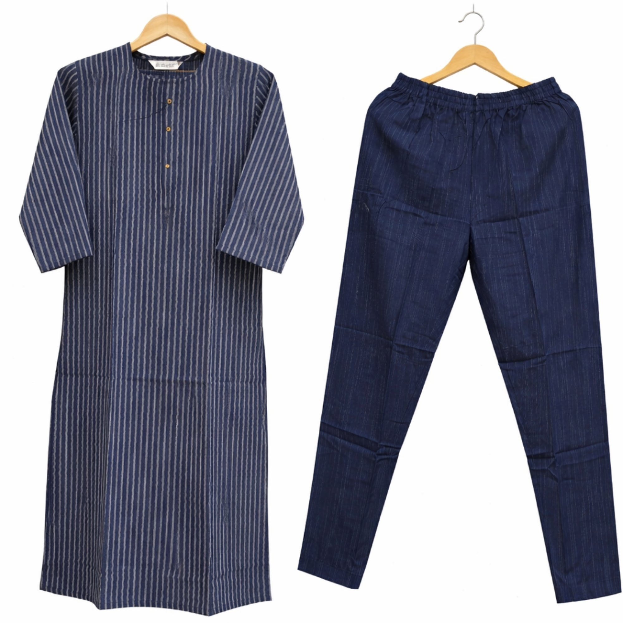Women’s Indigo Blue Striped Cotton Kurta Pant Set | Straight Kurta with Button Placket & Elastic Waist Pants