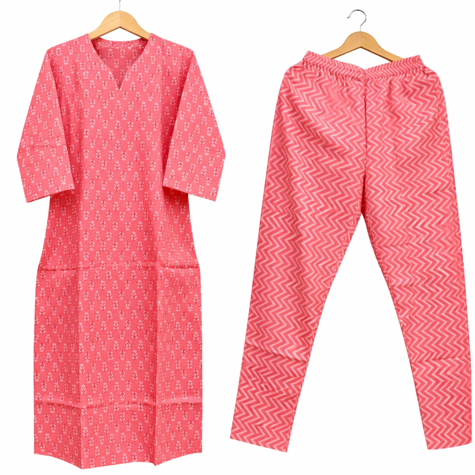 Women’s Peach Printed Cotton Kurta Pant Set | Straight Kurta with All-Over Print & Elastic Waist Pants
